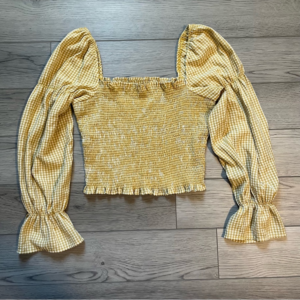 UO gingham cinched-sleeve blouse